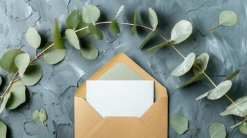 Eucalyptus leaves and envelope on a grunge background photo