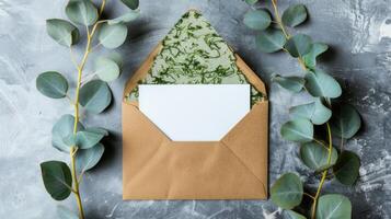 An envelope with a blank paper and eucalyptus leaves on a gray background photo