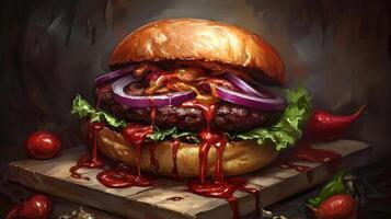 Mouthwatering Beef Burger with Onion, Lettuce, and Tomato Layers photo