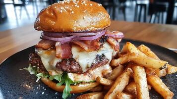 Mouthwatering Burger Featuring Onion, Lettuce, and Tomato Layers photo
