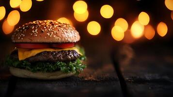 Stylish Burger Composition on a Bokeh-Enriched Dark Backdrop photo