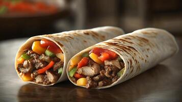 A Close-Up of Chicken, Beef, and Vegetable Shawarma Wraps photo