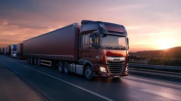 Freight Excellence Shines as Trucks Navigate Sunset's Scenic Highway Routes photo