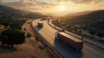 Sunset Glow Highlights Efficient Movement of Cargo Trucks on the Highway photo