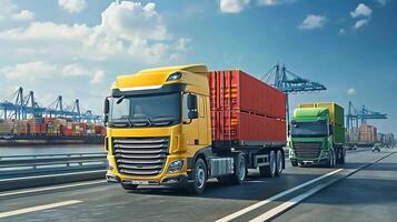 Trucks with Containers Navigate Highways Near an Industrial Port Zone photo