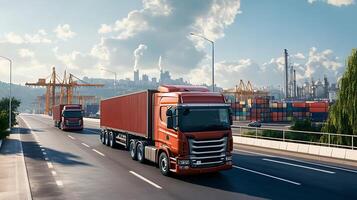 Highway Freight Movement with Port Industry in the Background photo