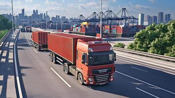 Container Trucks on a Bustling Highway with an Industrial Port Backdrop photo
