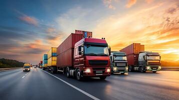 Global logistics network with container trucks on busy transportation routes photo