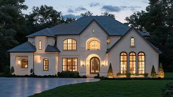 Opulent Home Front Enhanced by Evening's Subtle Glow photo