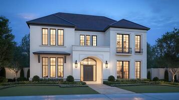 Serene Modern Home Front Radiates Elegance During Evening Hours photo
