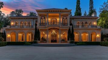 Front View of a Stunning Residence in Evening Serenity photo