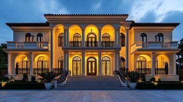 Elegant Modern Mansion Radiates Charm During Evening Hours photo