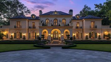 Front View of a Stylish Home Glowing at Dusk photo