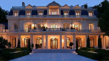 Chic Home Front Elegantly Lit in the Soft Evening Glow photo