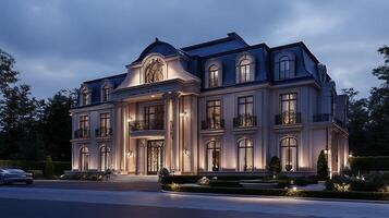 Modern Luxury Home Front Illuminated by Evening Warm Glow photo