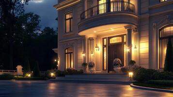 Elegant Luxury Home Illuminated by Soft Evening Lights photo