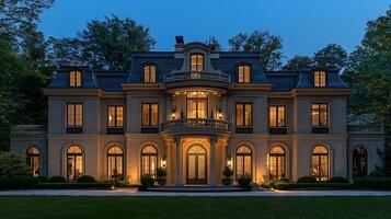 Enchanting Luxury Home Illuminated by the Magic of Evening Skies photo