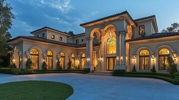 Luxury Residence Illuminated by Evening Lights Exudes Serenity photo
