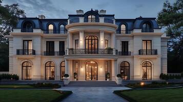 Captivating Luxury Home Glows with Warmth Under Evening Charm photo