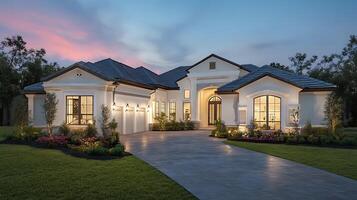 Luxury Residence Reflecting Elegance in the Glow of Dusk photo