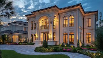 Modern Luxury Residence Shines Bright Against Dusky Evening Horizon photo