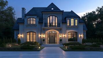 A Magnificent Modern Home Illuminated by Evening Lights photo