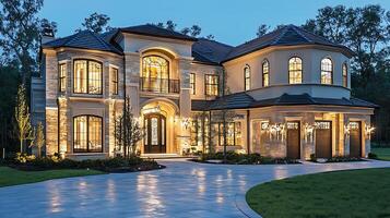 Modern Home Facade Glimmering Under the Evening Dusk Glow photo