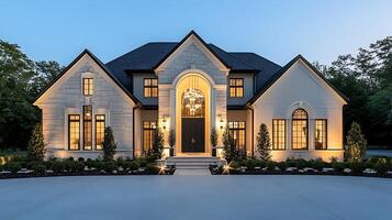 Elegant Modern Home Front Glowing Beneath the Evening Horizon photo