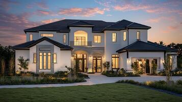 Luxurious Modern Residence Sparkling Against the Evening Sky photo