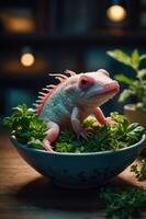 An albino amphibian perched in a bowl of fresh herbs, creating a whimsical and vibrant scene. photo