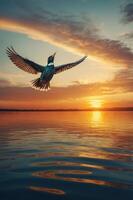 A bird soaring over a tranquil lake at sunset, capturing the beauty of nature. photo