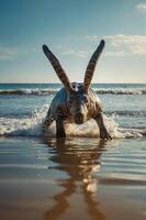 A fantastical creature resembling a mix of a seal and a rabbit emerges from the ocean waves. photo
