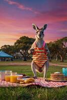 A kangaroo in an apron stands by a picnic spread at sunset. photo