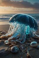 A jellyfish rests on the beach at sunset, surrounded by shells and ocean waves. photo