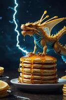 A colorful dragon figurine atop a stack of pancakes with syrup, illuminated by lightning. photo