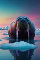 A walrus with colorful water streams on an ice floe at sunset. photo