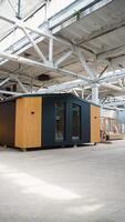 Exhibition of new mobile prefabricated modular house. Vertical video