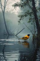 A vibrant yellow bird stands in calm water amidst a misty, serene forest backdrop. photo