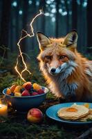 A fox sits beside a bowl of fruit and pancakes in a forest, illuminated by lightning. photo