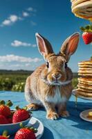 A cute rabbit in front of a stack of pancakes with strawberries on a sunny day. photo