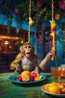 A monkey enjoys a colorful fruit feast in a vibrant, tropical setting. photo
