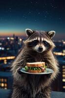 A raccoon holding a sandwich on a rooftop at night, with a city skyline in the background. photo