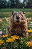 A close-up of a cheerful groundhog amidst flowers, with raindrops falling around it. photo
