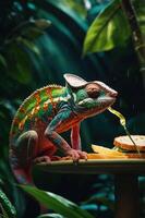A colorful chameleon sits at a table with a sandwich, surrounded by lush greenery. photo