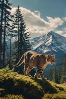 A wild cat walks through a lush forest with mountains in the background. photo