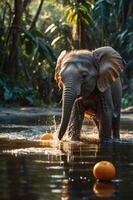 A playful elephant splashes in water with oranges, surrounded by lush greenery. photo