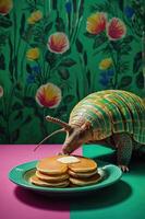 An armadillo curiously approaches a plate of pancakes with butter in a vibrant setting. photo