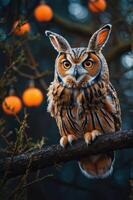 A majestic owl perched on a branch, surrounded by a misty forest and glowing orange orbs. photo