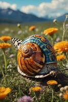 A colorful snail shell with a butterfly resting on it amidst vibrant flowers in a scenic landscape. photo