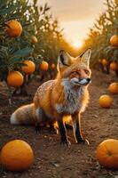 A fox stands in an orange grove at sunset, surrounded by oranges on the ground. photo